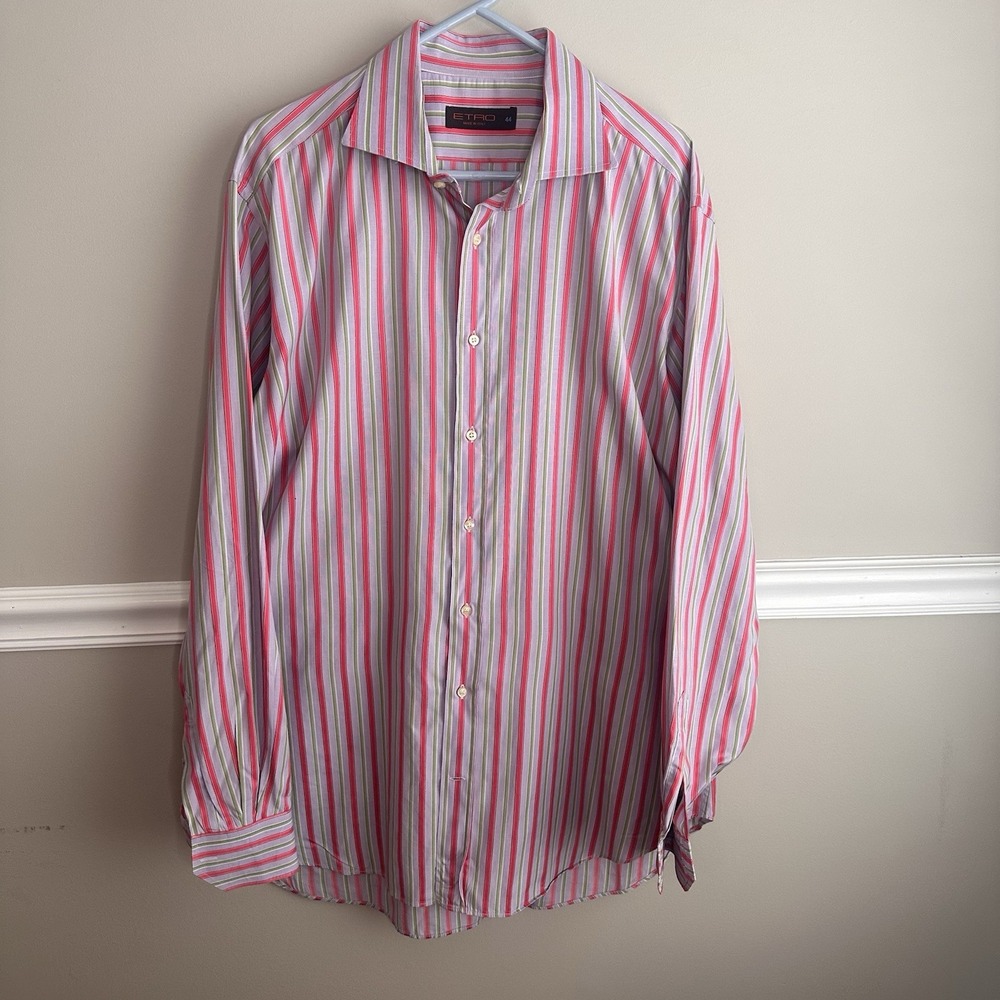 ETRO Mens Pink Green Striped Button Up Shirt IT 44 US XL Preppy Office Business